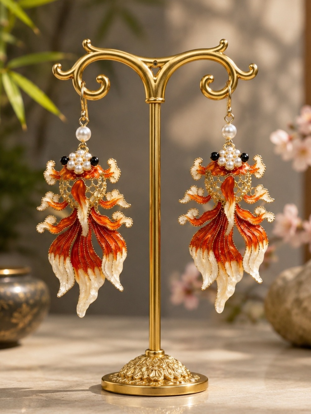 KOI Fish Articulated Orange & Cream Enamel Fish Dangle Earrings w/Pearls